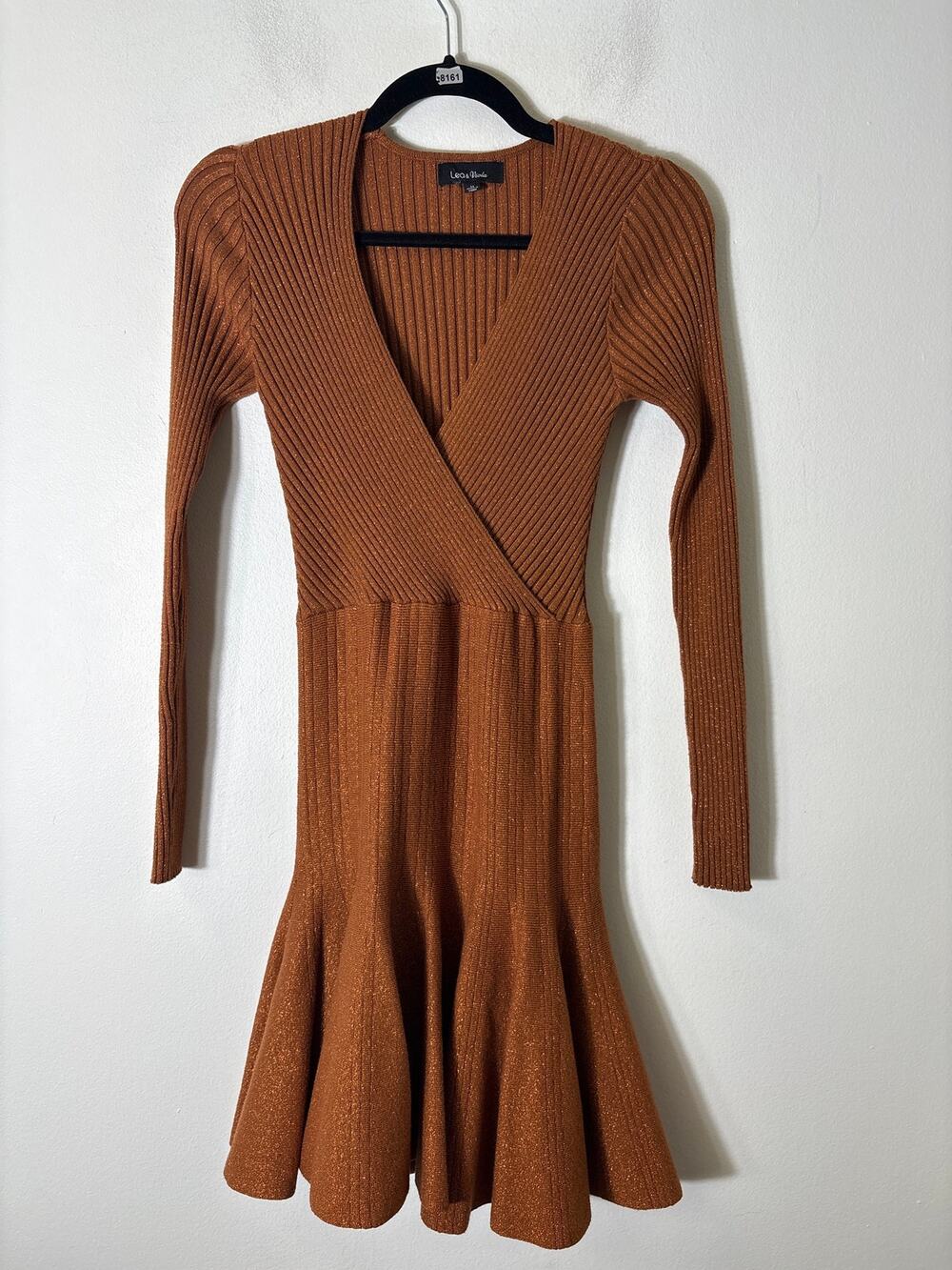 Lea & Viola Brown Shimmer  Ribbed Cross Front Mini Dress Sz M